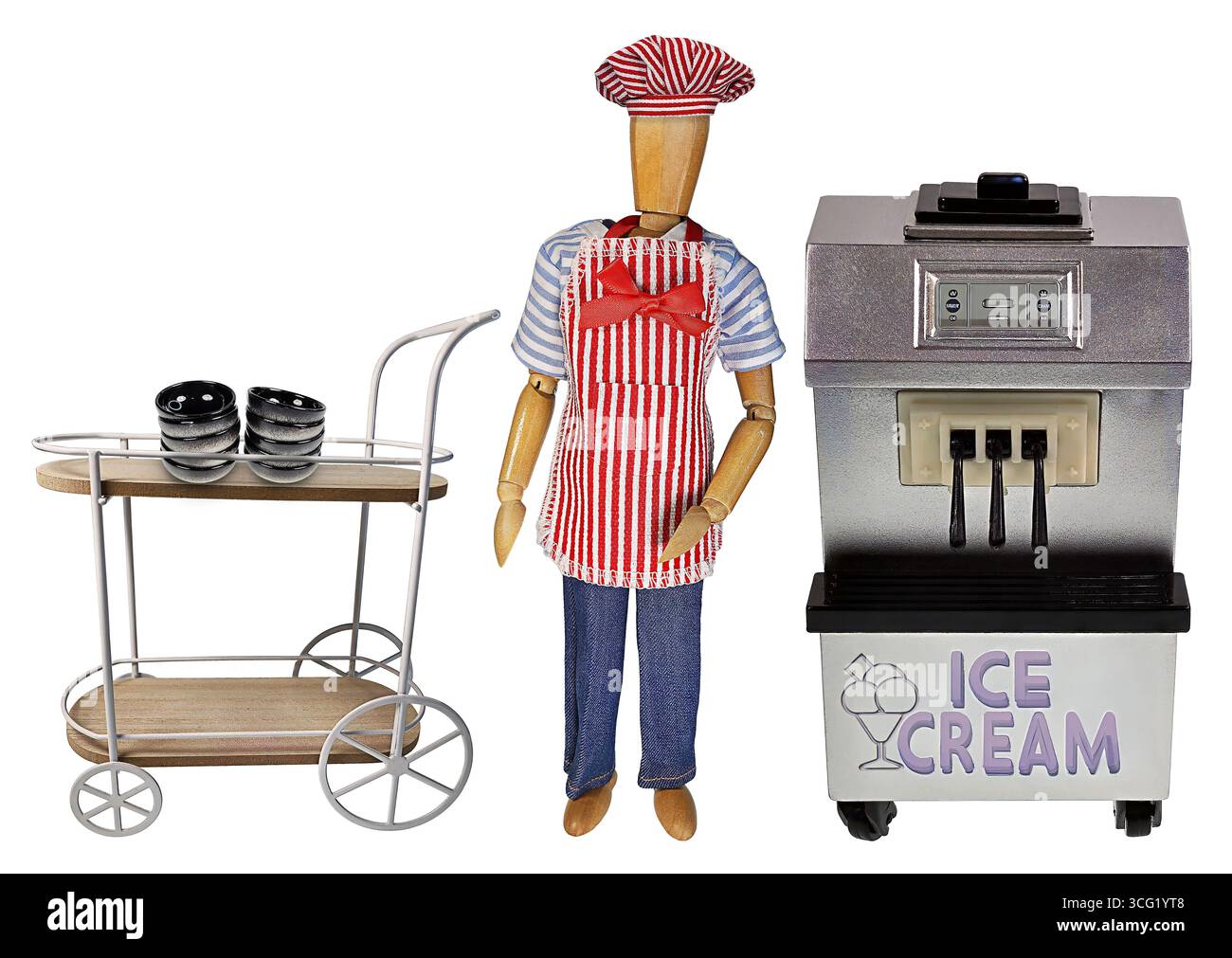 Server con una macchina per il gelato per servire ai clienti dolcetti surgelati Foto Stock