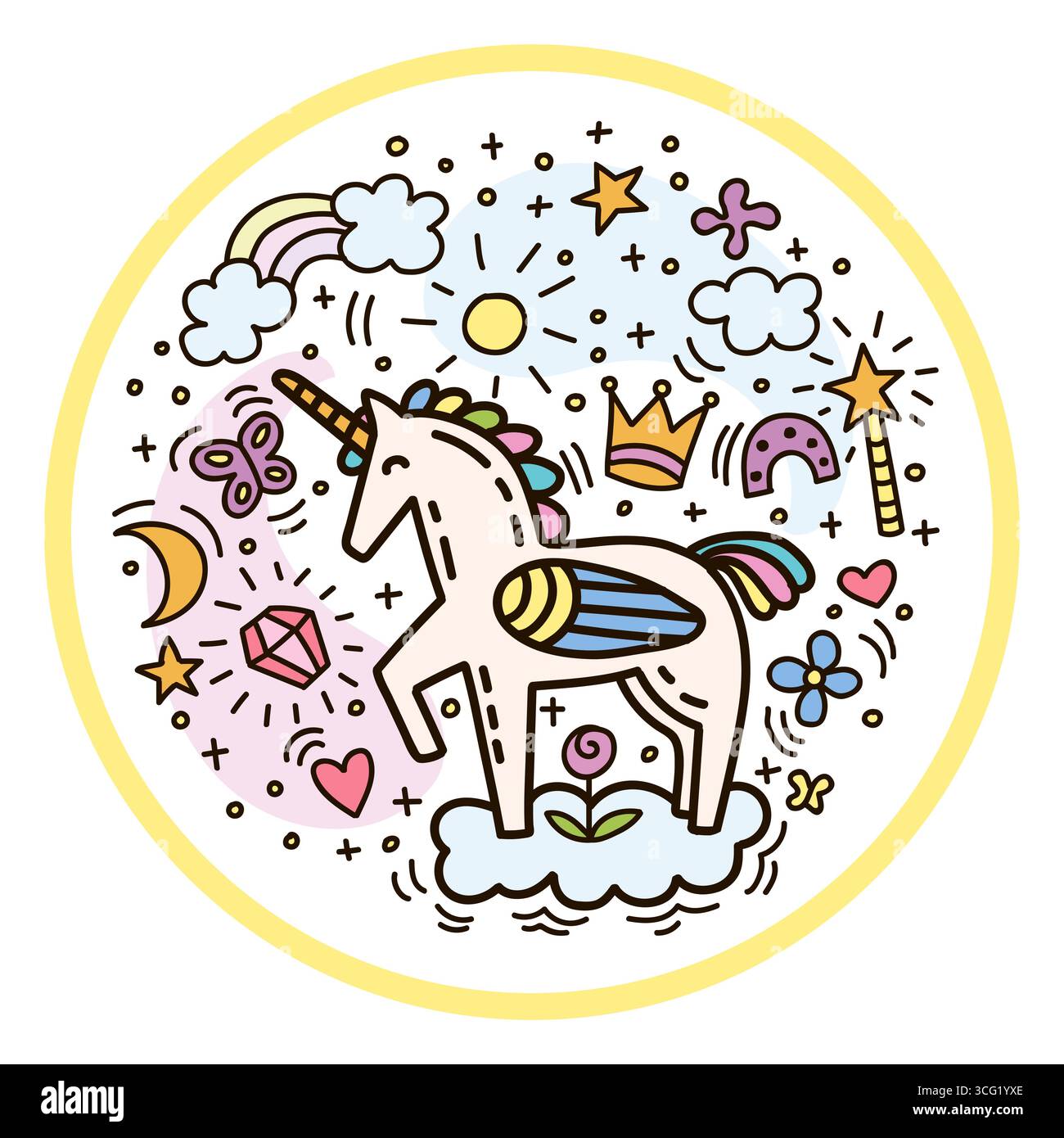 Divertente unicorno con elementi magici in cerchio. Personaggio di un cavallo magico in stile doodle. Illustrazione colorata isolata del vettore disegnata a mano. Per gli adesivi, d Illustrazione Vettoriale