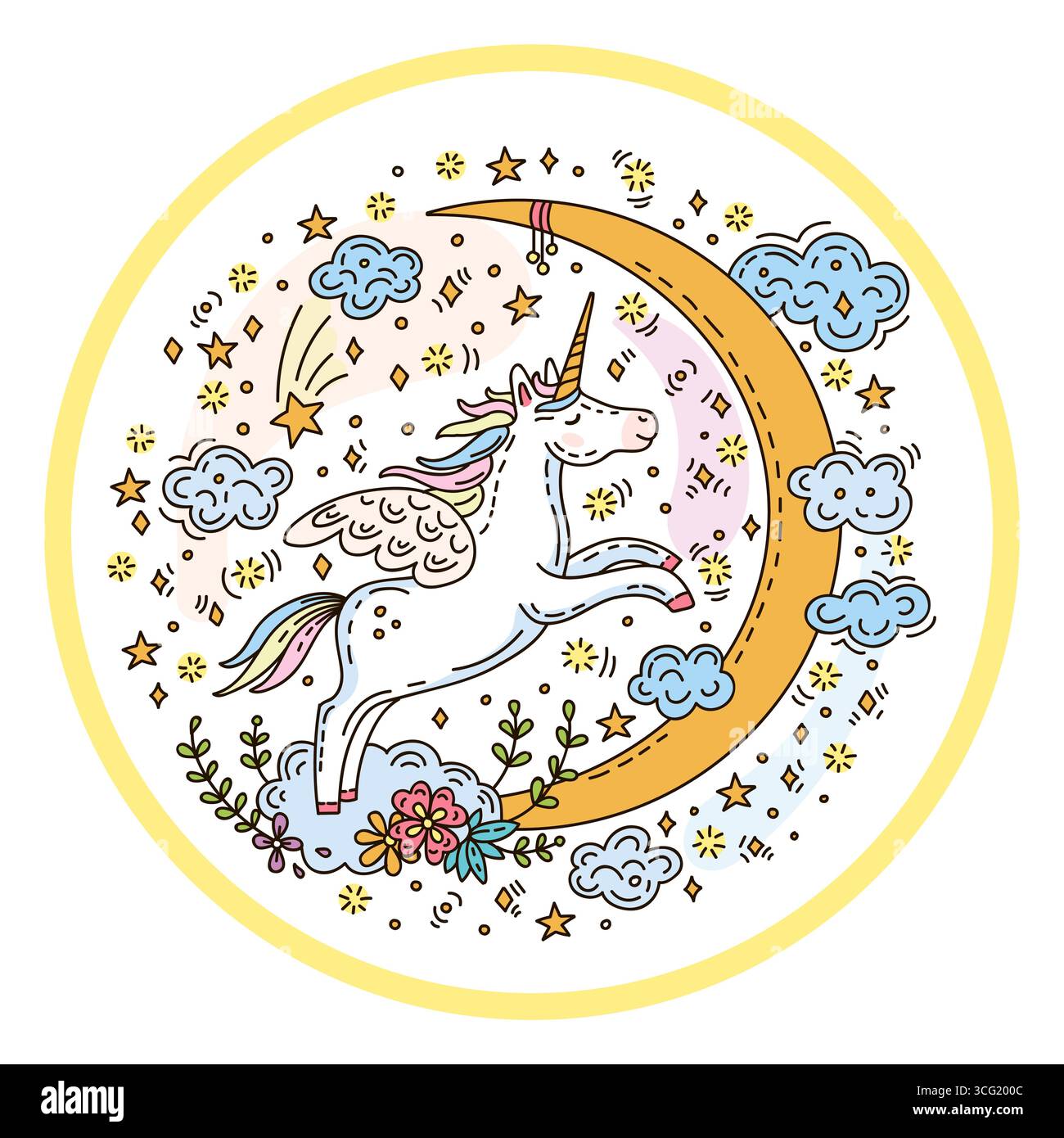 Divertente unicorno che vola in cielo in cerchio. Personaggio di un cavallo magico in stile doodle. Illustrazione colorata isolata del vettore disegnata a mano. Per adesivi, cartoncino, Illustrazione Vettoriale
