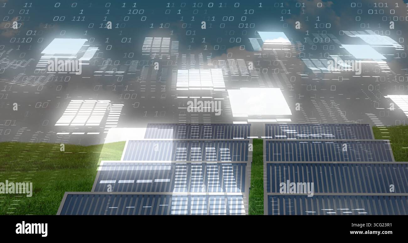 Array di pannelli solari che generano energia nel campo dell'erba rurale, con sovrapposizione di codice binario fluttuante Foto Stock