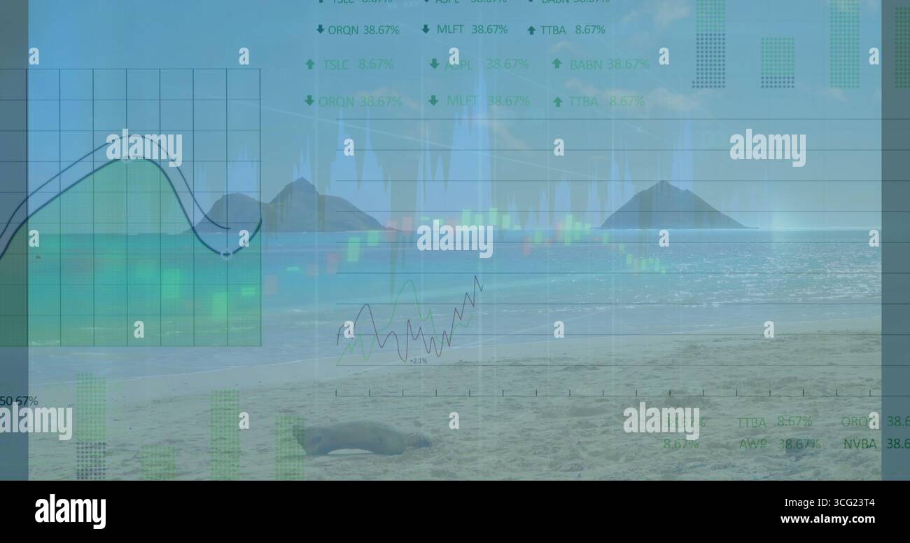 Fusione di dashboard finanziari traslucidi sulla spiaggia con grafici a linee ed etichette percentuali Foto Stock