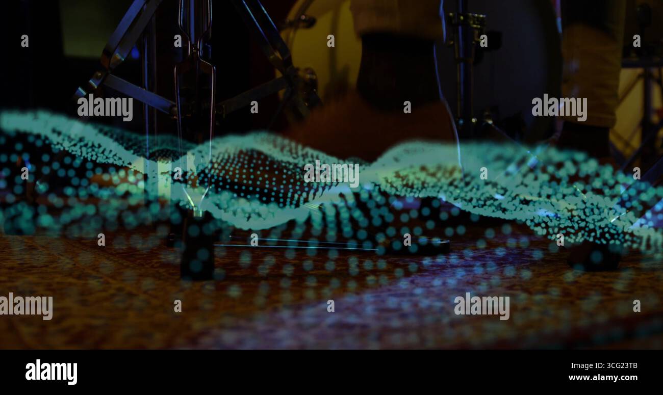 Mostra ondulazioni olografiche sul tappeto in studio, treppiede piatto, pedale basso sotto le scarpe Foto Stock