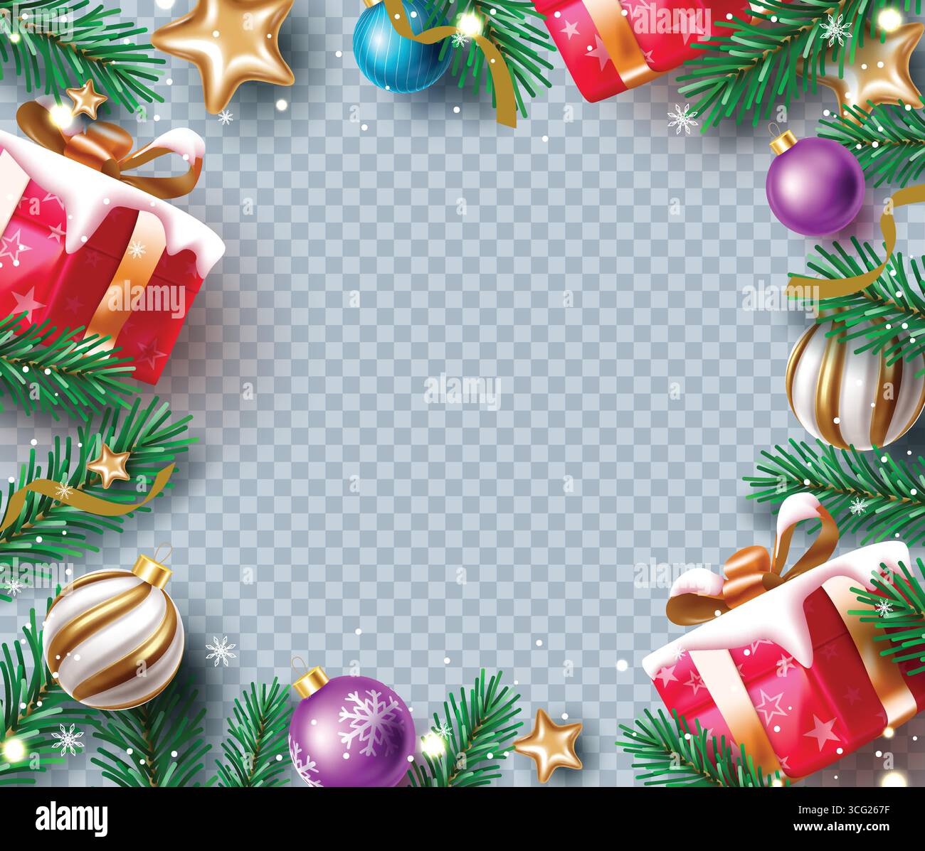 Festa natalizia Border Clipart con regali, baubles, filiali di pini innevati e ornamenti natalizi Illustrazione Vettoriale