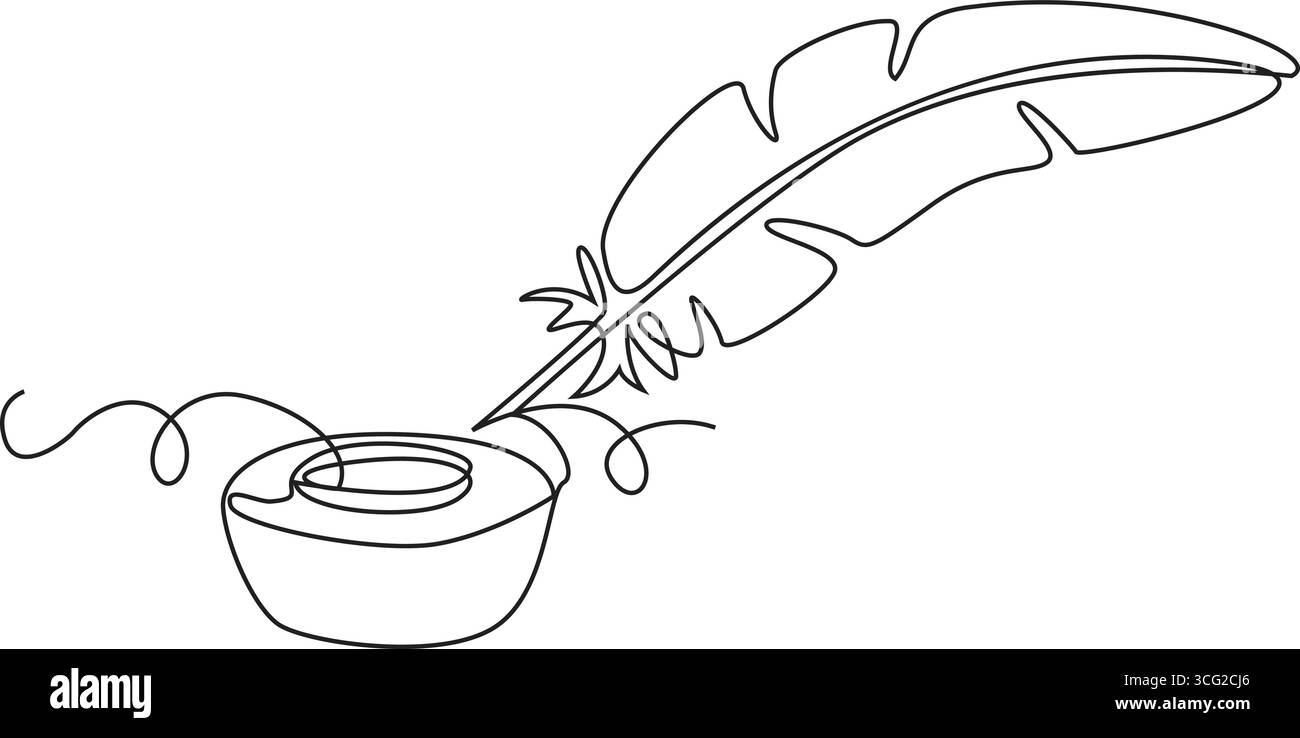 Inkwell con penna di piume, disegnata con linea continua in minimalismo, astrazione, simbolo della conoscenza, borsa di studio, donazioni, poesia e ispirazione, Illustrazione Vettoriale Inkwell con penna di piume, disegnata con linea continua in minimalismo, astrazione, simbolo della conoscenza, borsa di studio, donazioni, poesia e ispirazione, Illustrazione Vettoriale