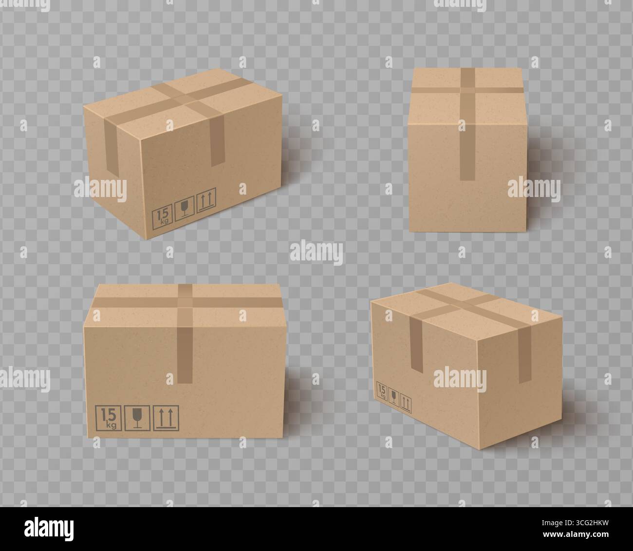 Set di scatole di cartone con nastro sigillato superiore, contenitori di spedizione e simboli di marcatura fragile per l'imballaggio di consegna. Pacchi ondulati marrone. Cartoni per magazzino per attività di logistica o e-commerce Illustrazione Vettoriale