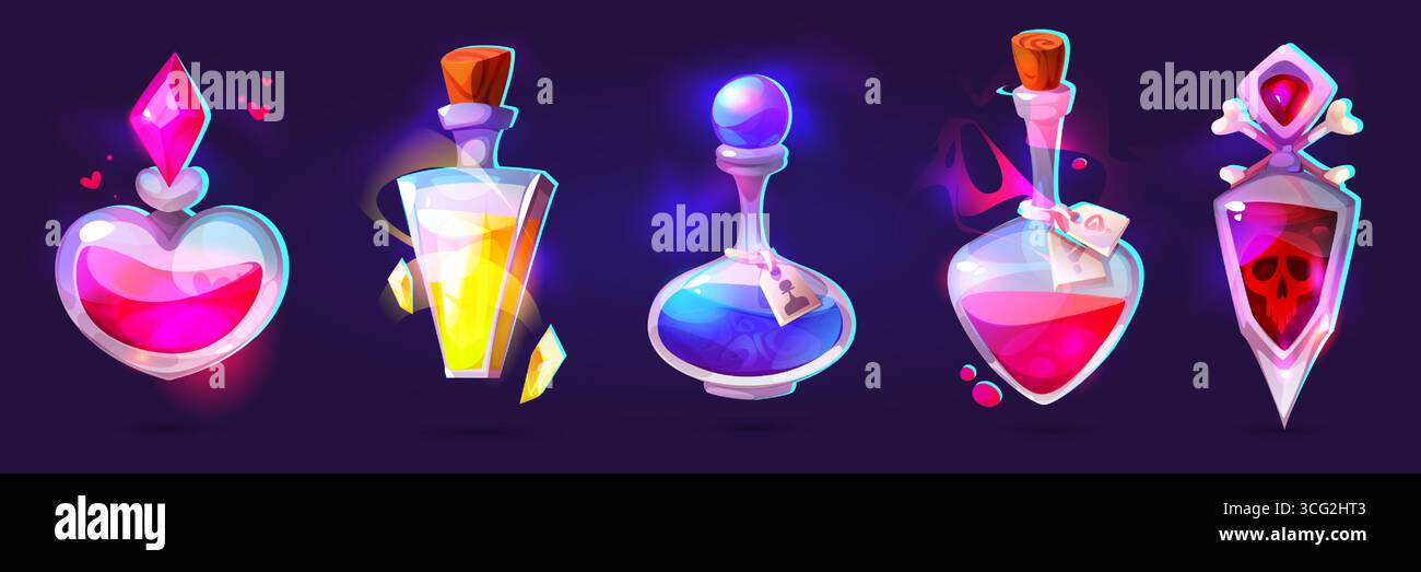 Collezione di giochi in bottiglia di pozione con elisir magici brillanti, matraccio di teschio velenoso e fiale d'amore a forma di cuore per il design fantasy dei giochi di ruolo. Contenitori per alchimisti colorati con sugheri e liquidi mistici. Illustrazione Vettoriale