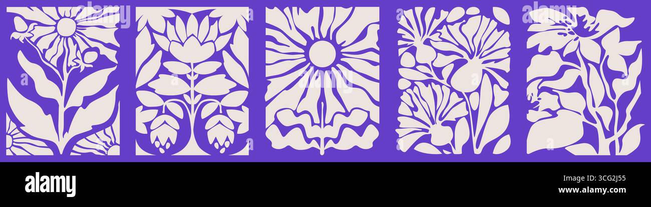 Composizione retrò astratta di foglie scanalate con pannelli botanici - silhouette floreali bianche con disposizione a griglia viola. Gli anni Settanta hanno ispirato la grafica della natura per la carta da parati vintage o i tessuti decorativi. Illustrazione Vettoriale