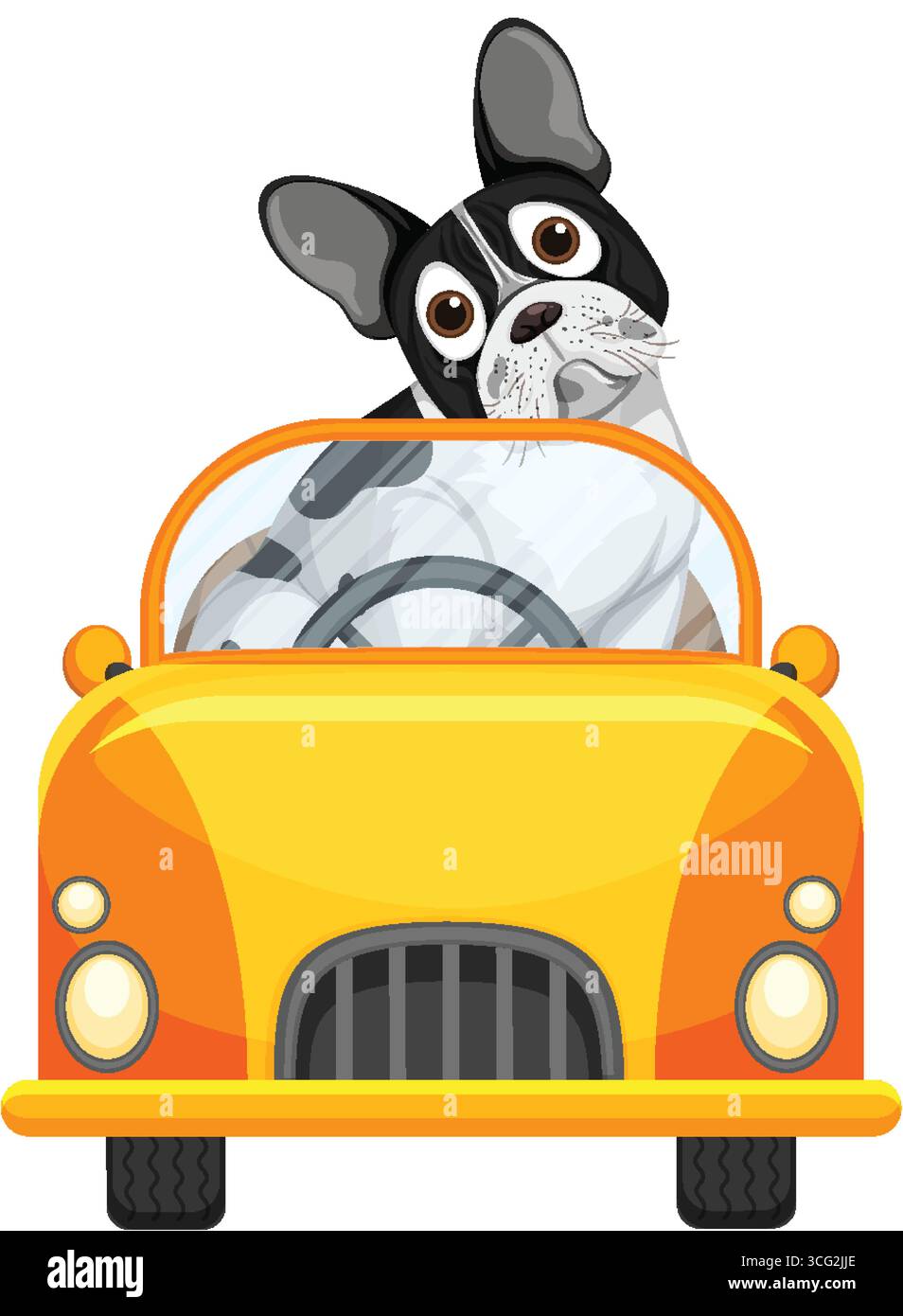 Vettore cartoni animati di Bulldog francese con capote gialla, vista frontale, colori audaci, linee pulite. Illustrazione Vettoriale