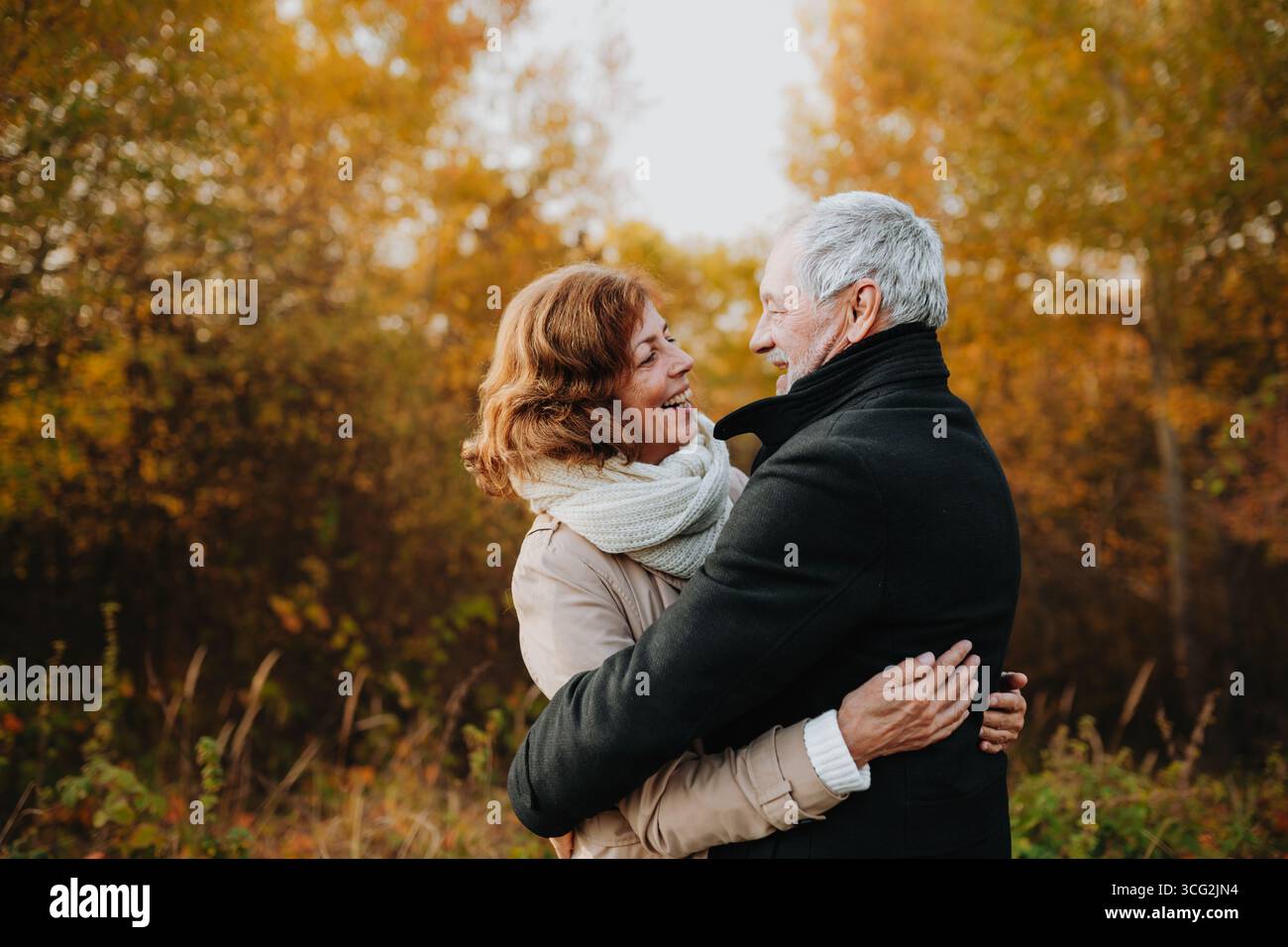 Passeggiata romantica attraverso la foresta autunnale con una coppia anziana. Foto Stock