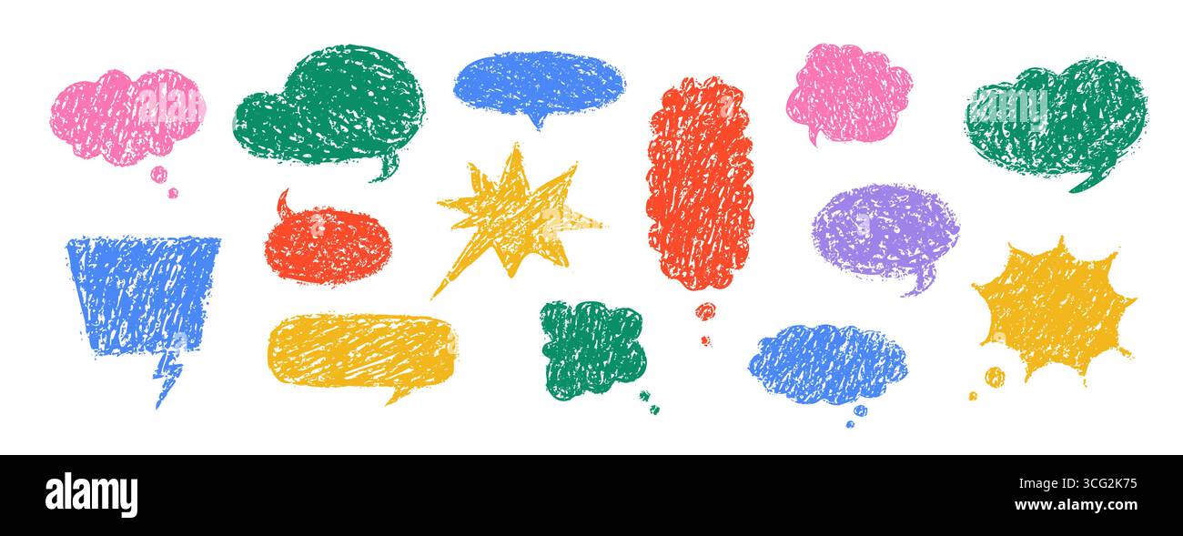 Bolla di pastello disegnata a mano. Set di vettori con caselle di testo con scarabocchio di gesso. Coloratissimi palloncini retrò per fumetti o messaggi di chat Illustrazione Vettoriale