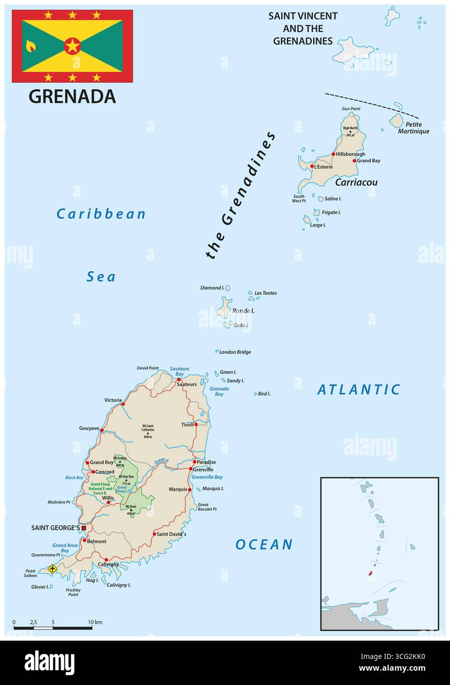 Mappa dell'isola delle piccole Antille di Grenada Foto Stock
