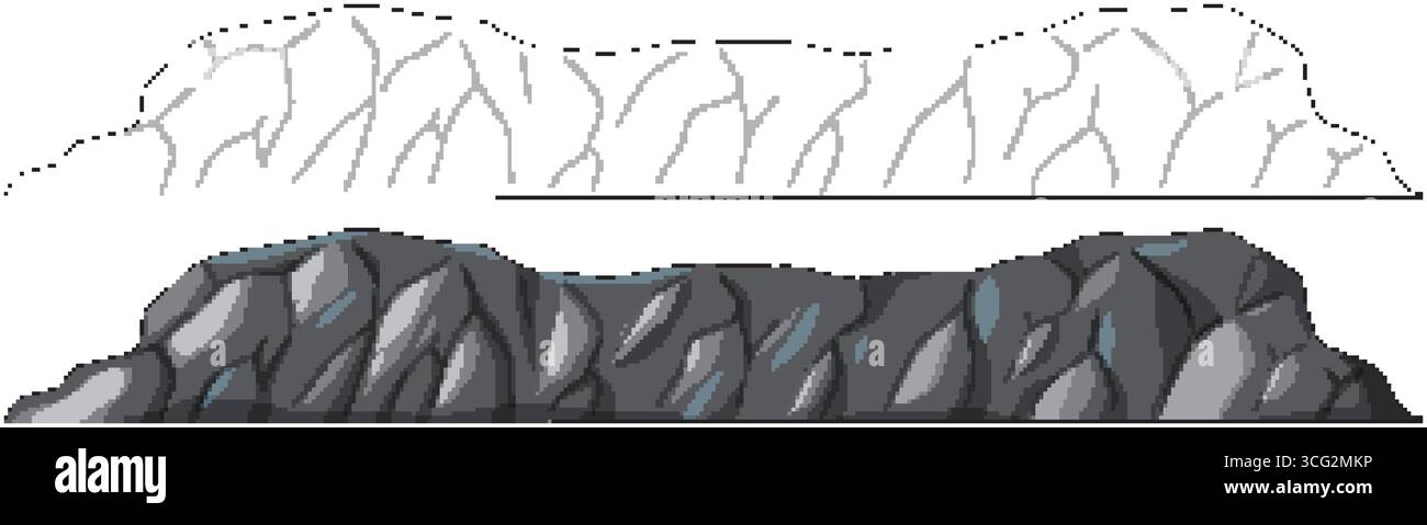 Vettore stilizzato di un'aspra scogliera di roccia scura con versioni colorate e delineate, forme angolari. Illustrazione Vettoriale