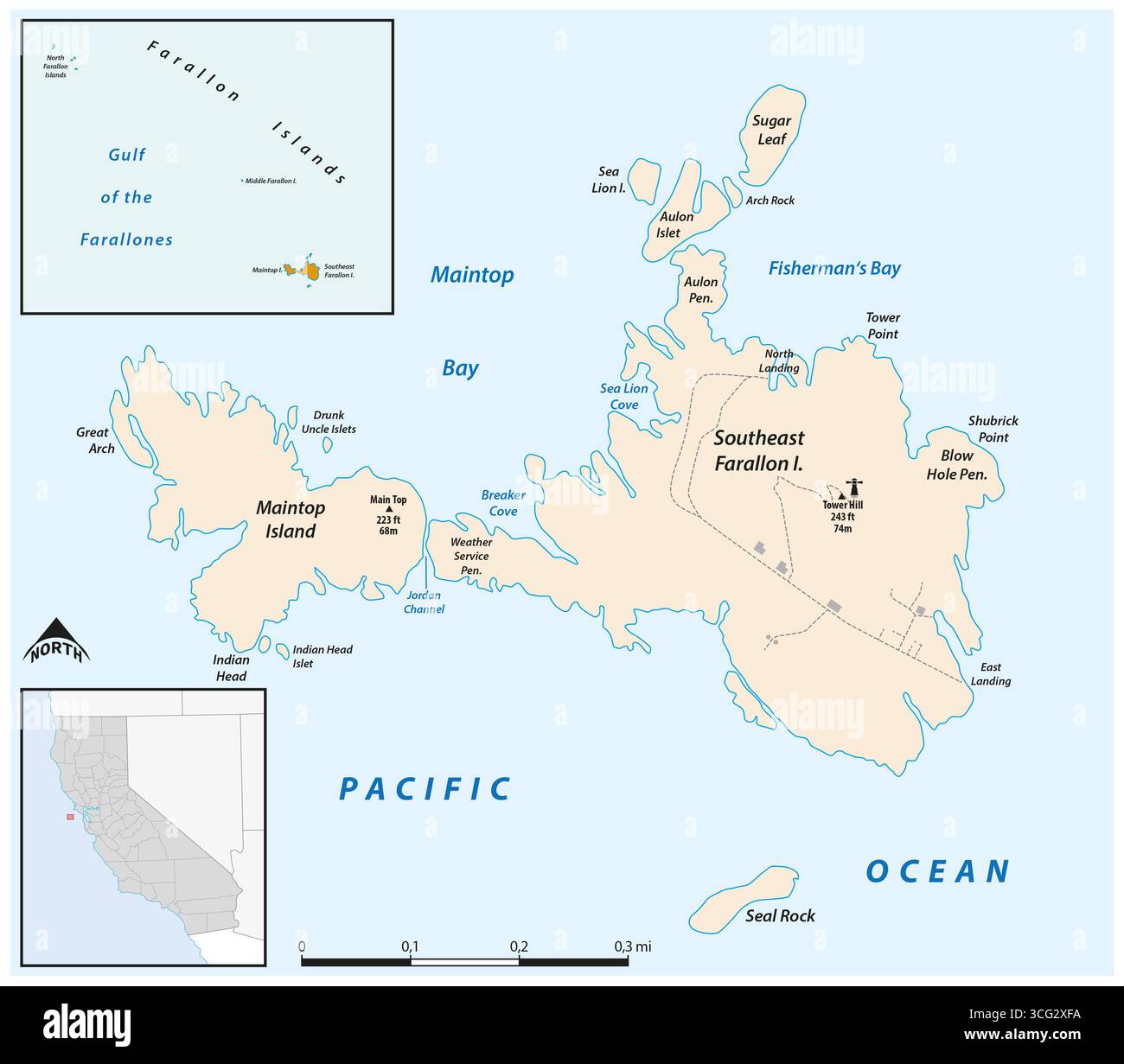 Cartina dell'arcipelago calforniano delle Isole Farallon Foto Stock
