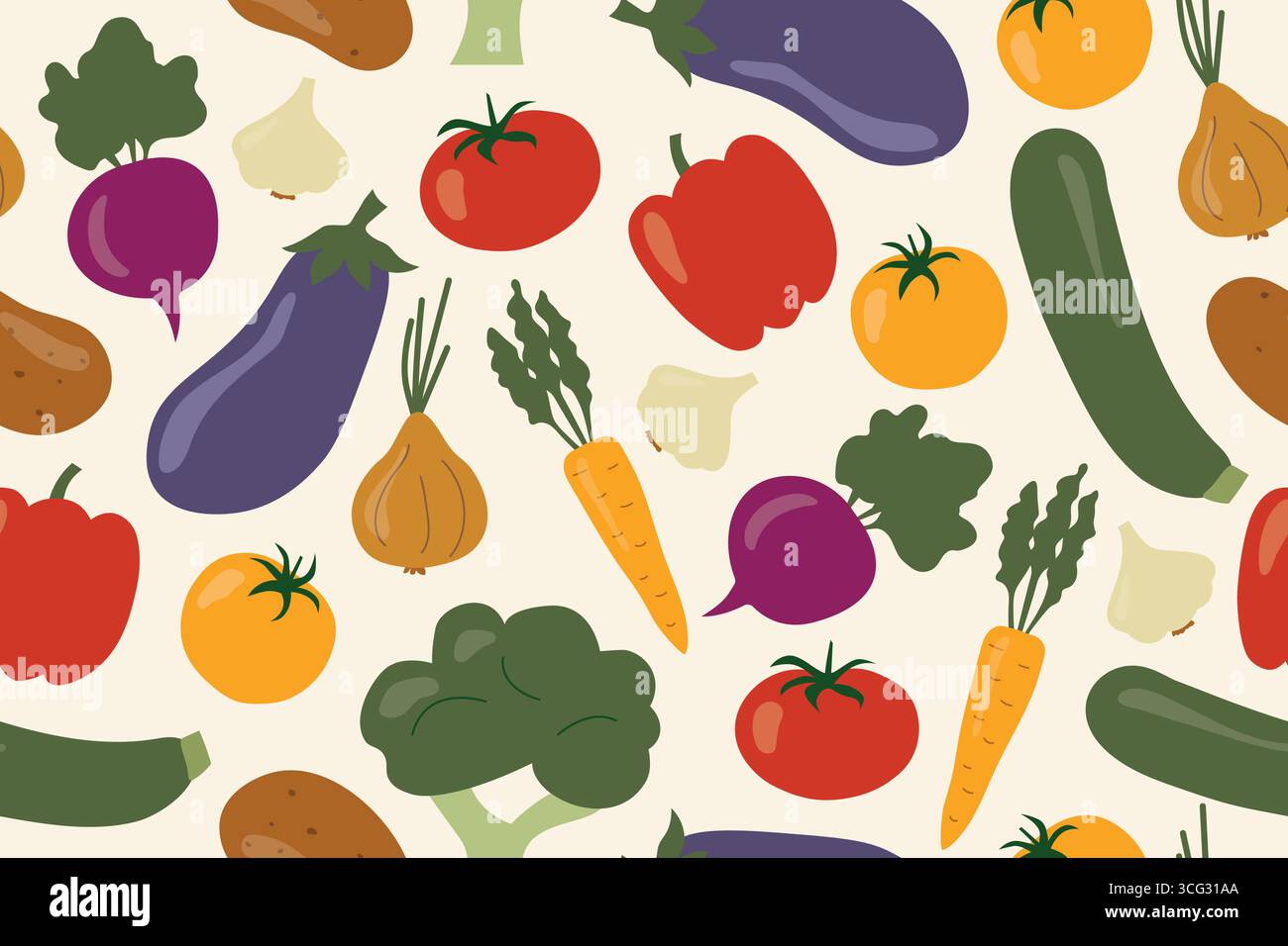 colorato vegetale senza cuciture: cipolla, aglio, zucchine, melanzane, patate, barbabietola, carota, broccoli, pepe, pomodoro- illustrazione vettoriale Illustrazione Vettoriale