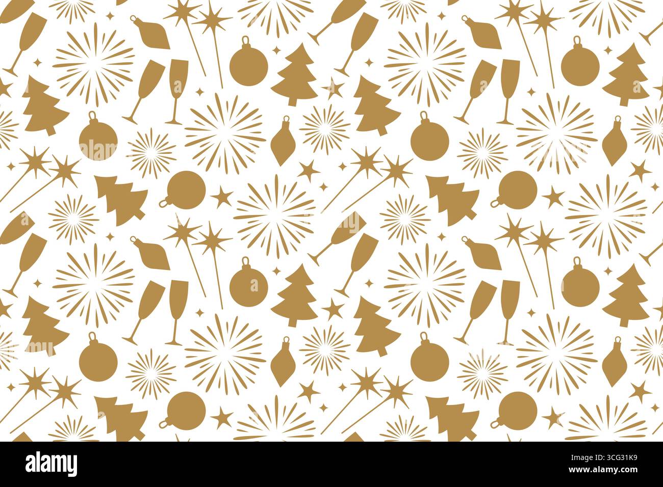 natale senza interruzioni, camicia dorata di Capodanno con bicchieri da champagne, fuochi d'artificio, scintillanti, baubles e illustrazioni vettoriali con stelle Illustrazione Vettoriale