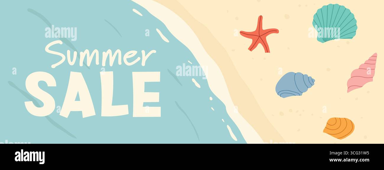 banner di vendita estiva con spiaggia tropicale; perfetto per promuovere sconti estivi e campagne a tema vacanze - illustrazione vettoriale Illustrazione Vettoriale