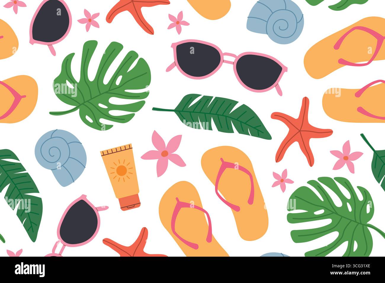 motivo estivo senza cuciture con foglie di palma verdi; infradito, crema solare, occhiali da sole, conchiglie marine, stelle marine e fiori - illustrazione vettoriale Illustrazione Vettoriale