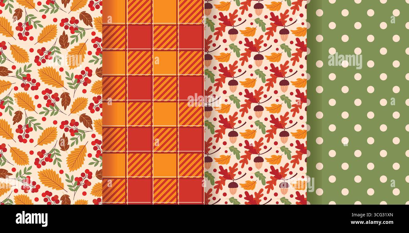 Set di accoglienti motivi autunnali senza cuciture. Sfondi autunnali con ghiande, bacche di rowan, foglie, scaglie e punteggiate. Collezione di stampe dal mood autunnale Illustrazione Vettoriale