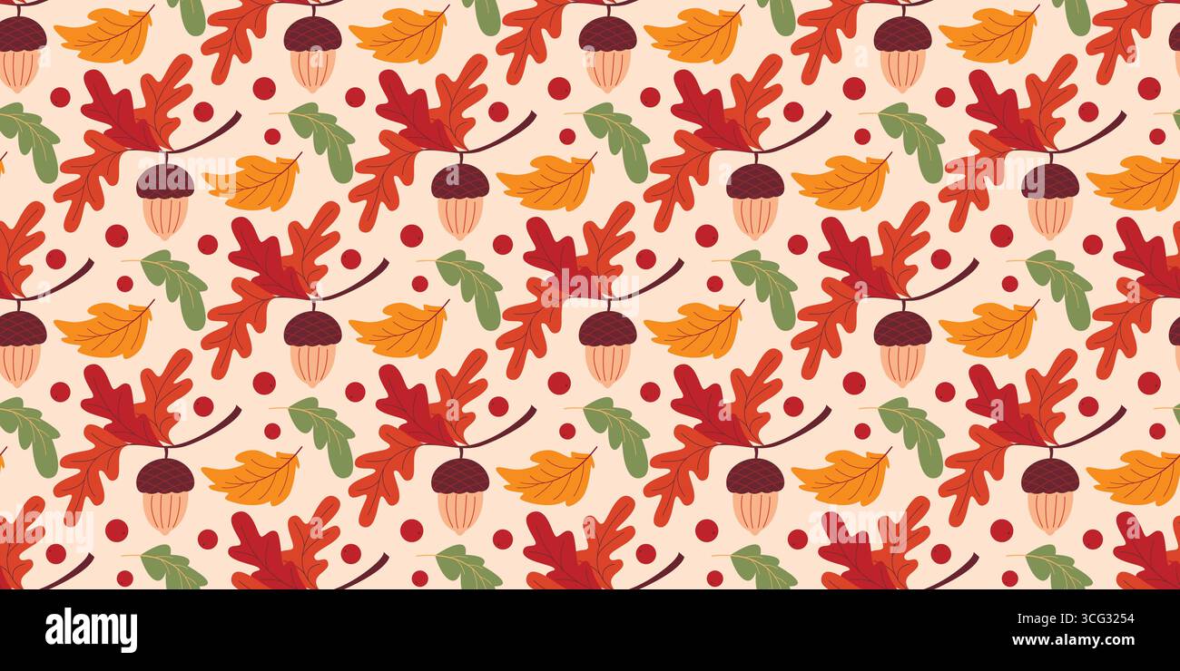 Piacevole atmosfera autunnale con motivo naturale senza cuciture. Immergiti nel verde colorato e nelle ghiande su un caldo sfondo beige. Stampa in atmosfera autunnale per tessuti, carta Illustrazione Vettoriale