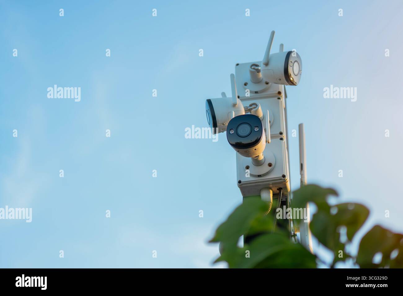 Sistemi di sicurezza e concetto di tecnologia di allarme: Telecamera a circuito chiuso appesa a un polo esterno e registrazione. Sorveglianza digitale. Foto Stock