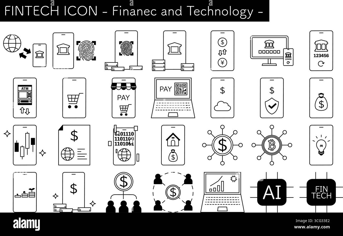 Icone Fintech, illustrazione finanziaria e tecnologica, in bianco e nero, illustrazione vettoriale Illustrazione Vettoriale