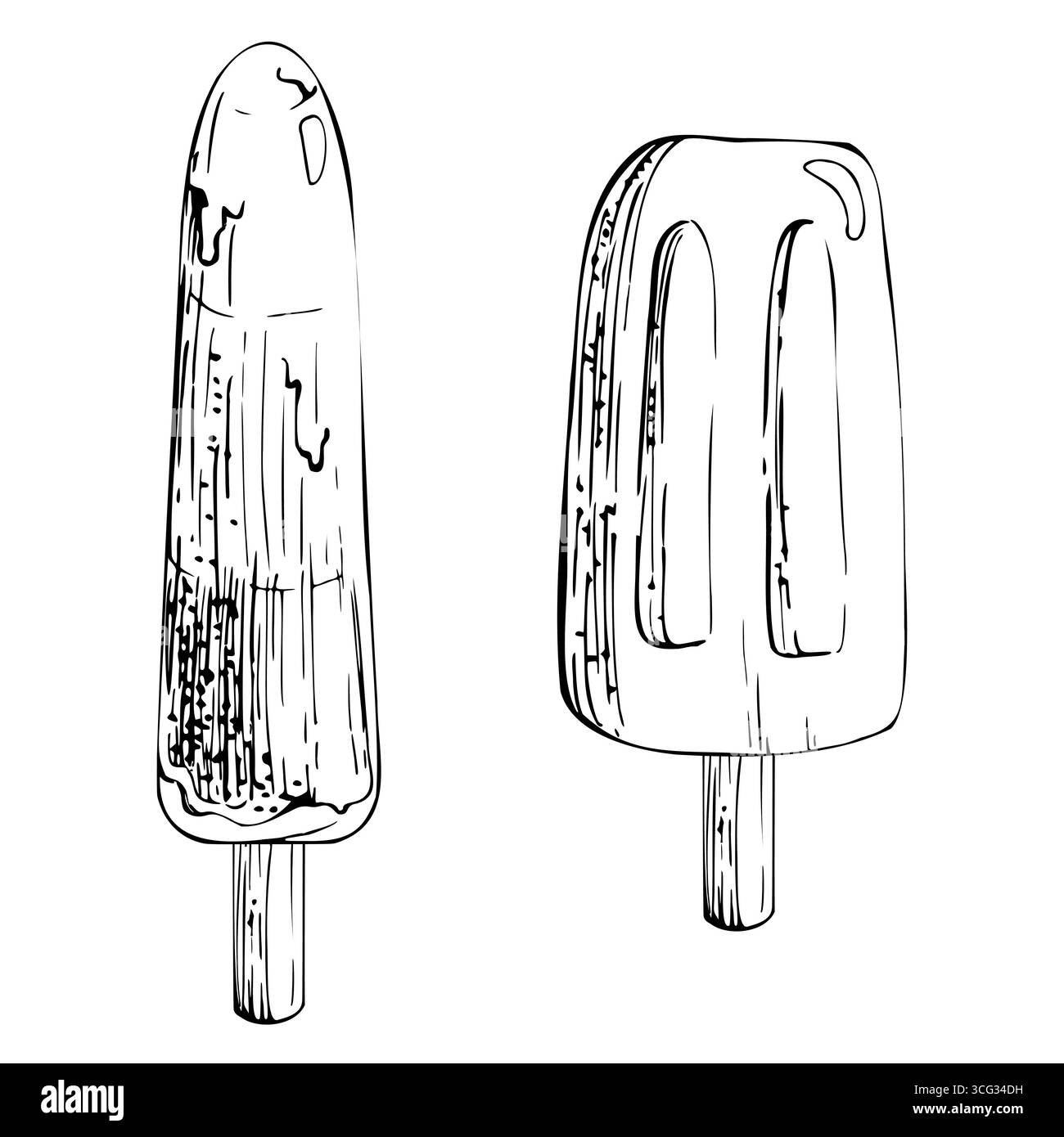 Blocco di caramelle ghiacciate, popsicle a strati con gocce d'acqua che si sciogliono, sorpresa surgelata estiva alla paleta. Illustrazione grafica vettoriale disegnata a mano con penna e inchiostro. Festa Illustrazione Vettoriale