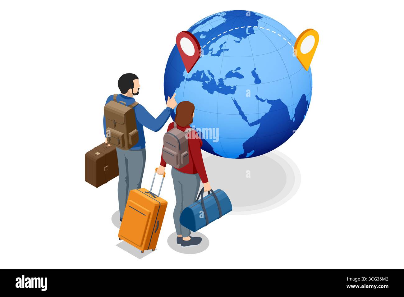 Coppia isometrica con percorso di migrazione per la pianificazione dei bagagli sul globo. Concetto di lavoro all'estero, trasferimento, viaggi, opportunità di lavoro internazionali. Migranti Illustrazione Vettoriale