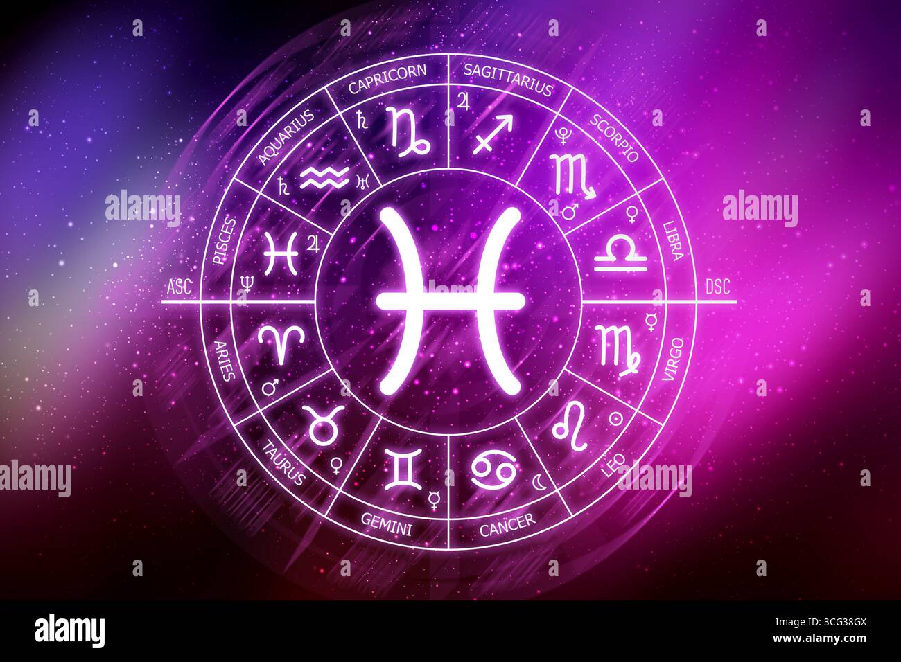 Segno zodiacale dei pesci. Cerchio zodiacale su uno sfondo blu scuro dello spazio. Astrologia. Cosmogramma. dodici segni dello zodiaco Foto Stock