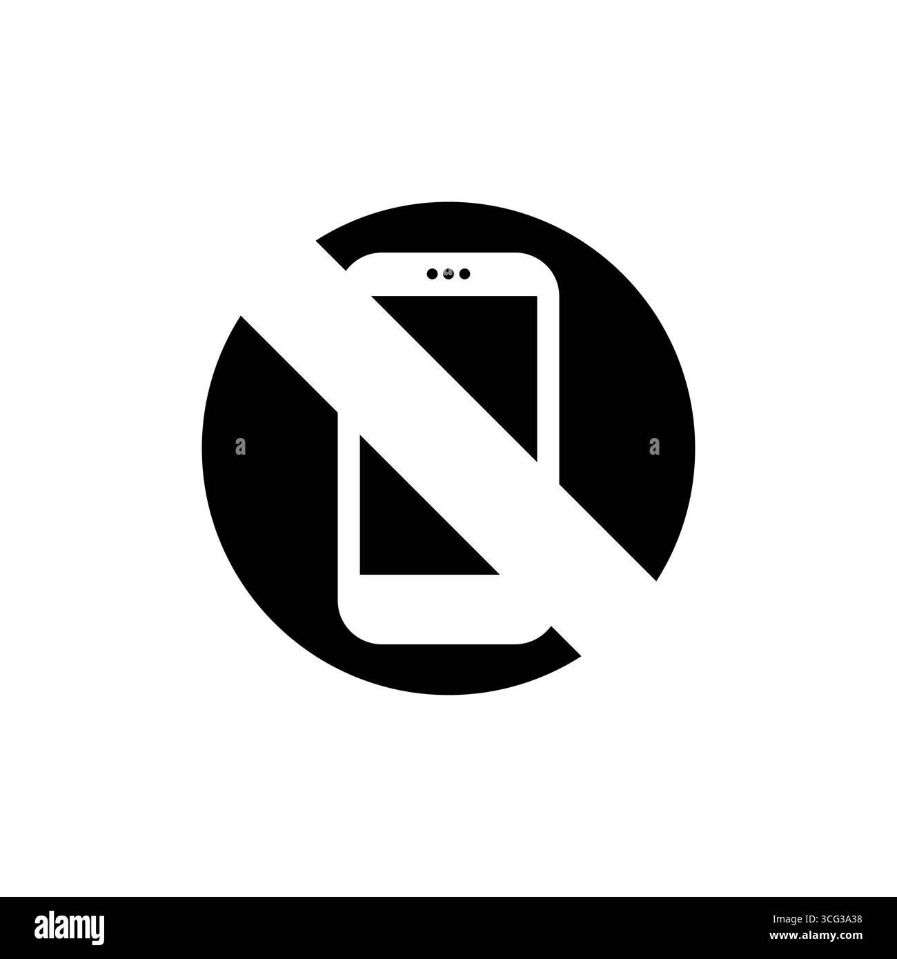 immagine vettoriale in bianco e nero di un segnale di assenza di telefono cellulare. il design presenta un'icona bianca dello smartphone in un cerchio nero compatto minimalista con un diametro Illustrazione Vettoriale