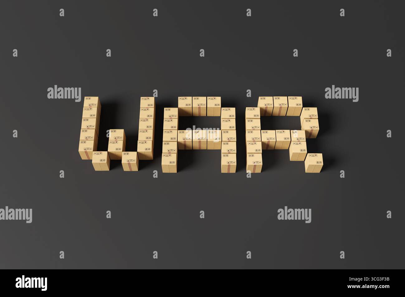 Scatole di cartone marrone che formano la parola GUERRA su sfondo nero. Illustrazione del concetto di guerra commerciale, dazi all'importazione e protezionismo estremo Foto Stock
