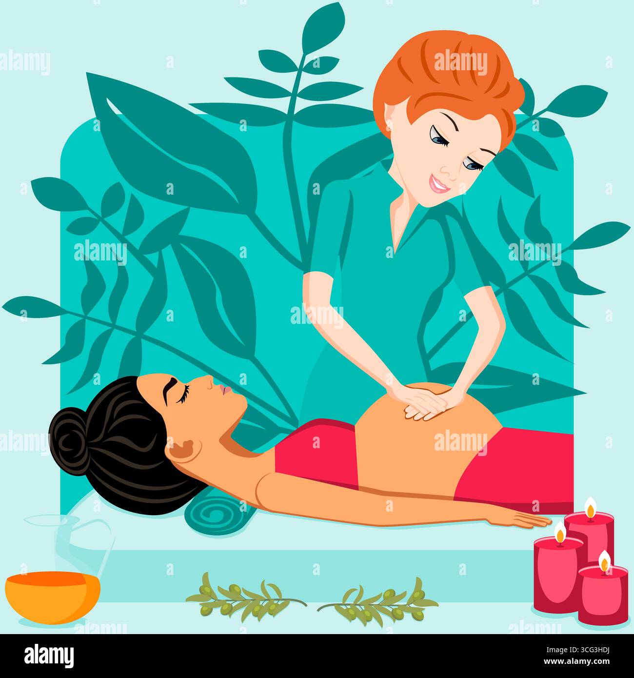 Massaggio per donne incinte. Terapia e trattamento da parte di terapisti professionisti nella SPA. Illustrazione del vettore piatto isolato. Etnia europea e orientale. Illustrazione Vettoriale