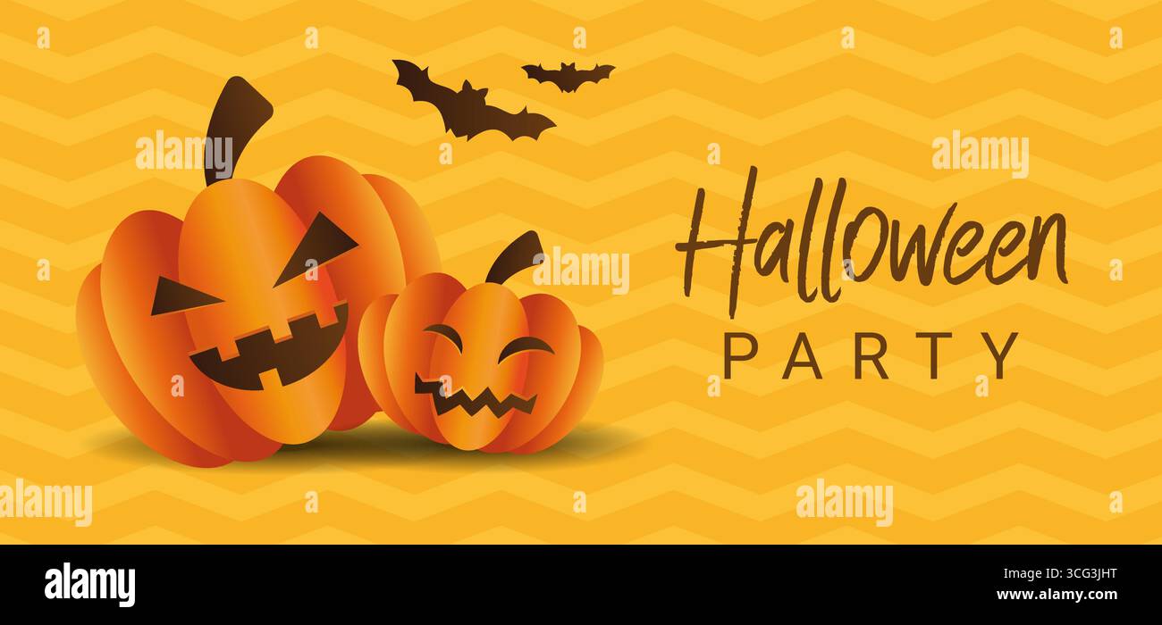 Due zucche spaventose con facce su sfondo giallo con illustrazione di pipistrelli. Halloween Concept, banner con spazio di copia. Illustrazione Vettoriale