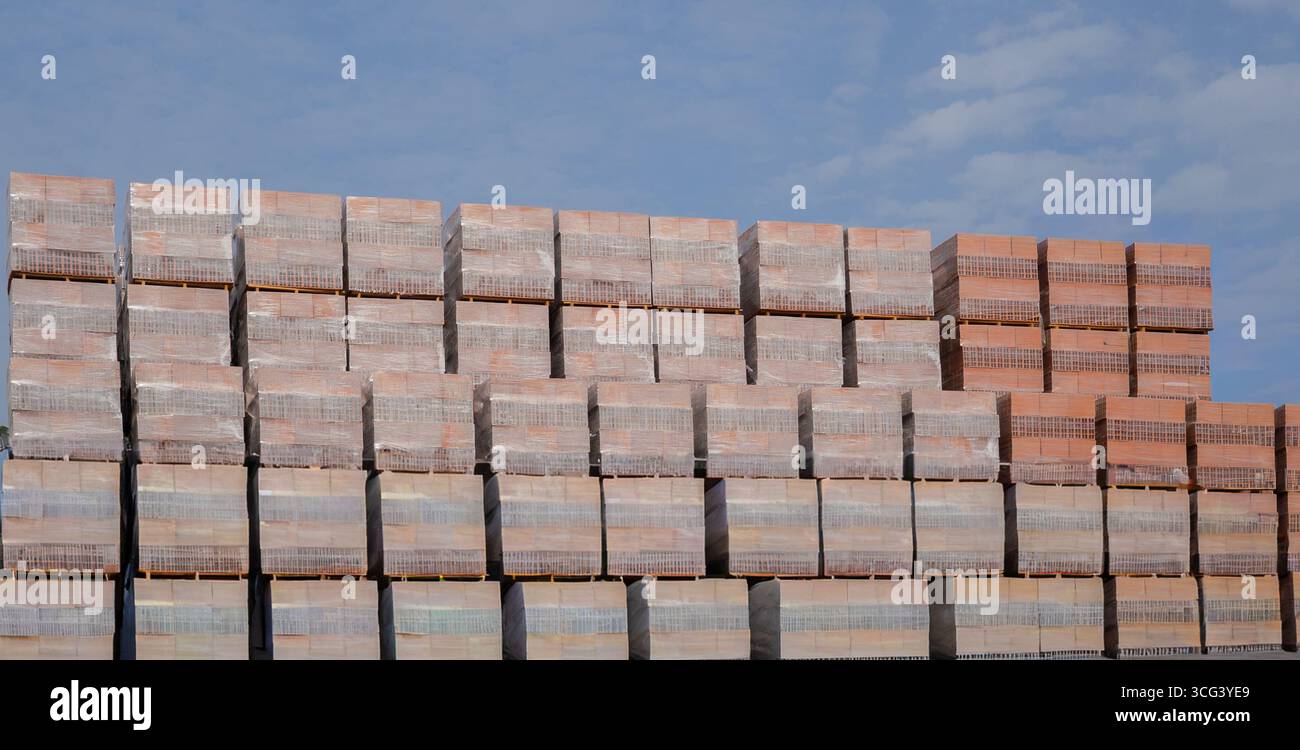 Grandi pile di mattoni di argilla rossa su pallet nel cantiere di stoccaggio Foto Stock