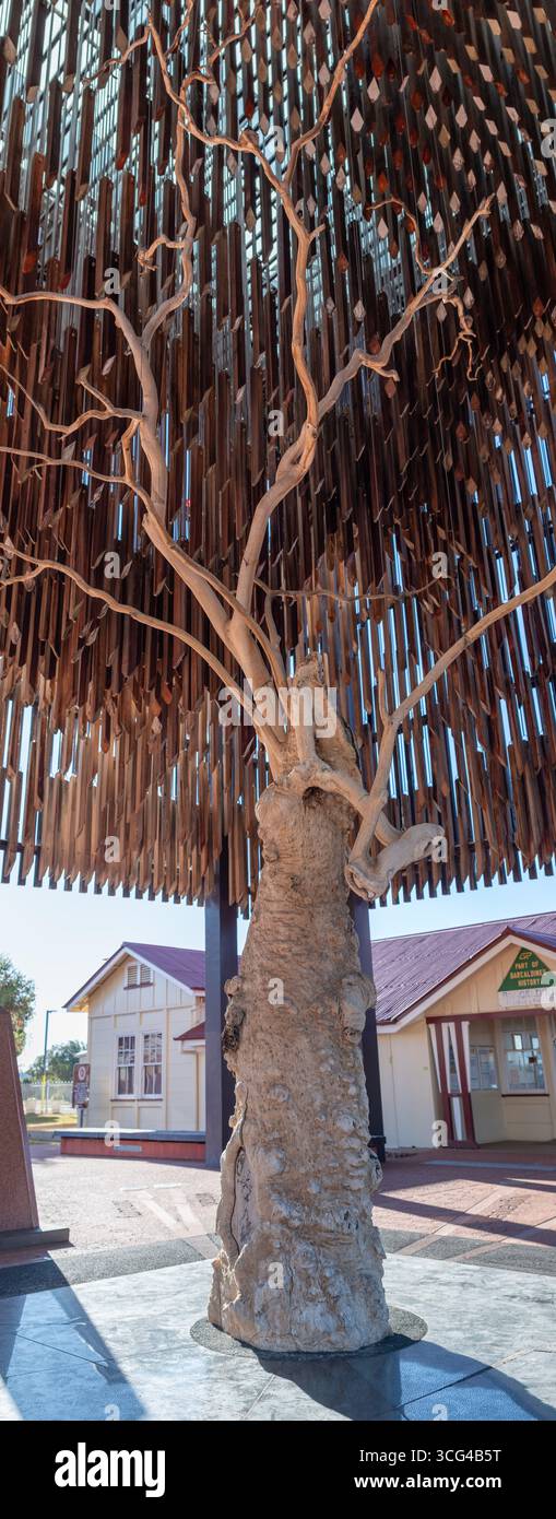 Barcaldine, Queensland, Australia - agosto 2025: Albero della conoscenza, gomma fantasma elencata nel patrimonio culturale, luogo di nascita del movimento politico operaio australiano Foto Stock