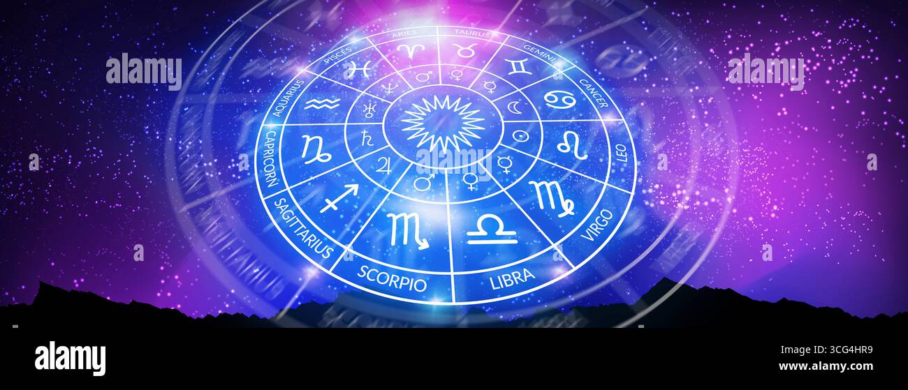 Astrologia. banner web. Cerchio zodiacale sullo sfondo di uno spazio. La scienza delle stelle e dei pianeti. Conoscenza esoterica. Pianeti righello. Dodici segni o. Foto Stock