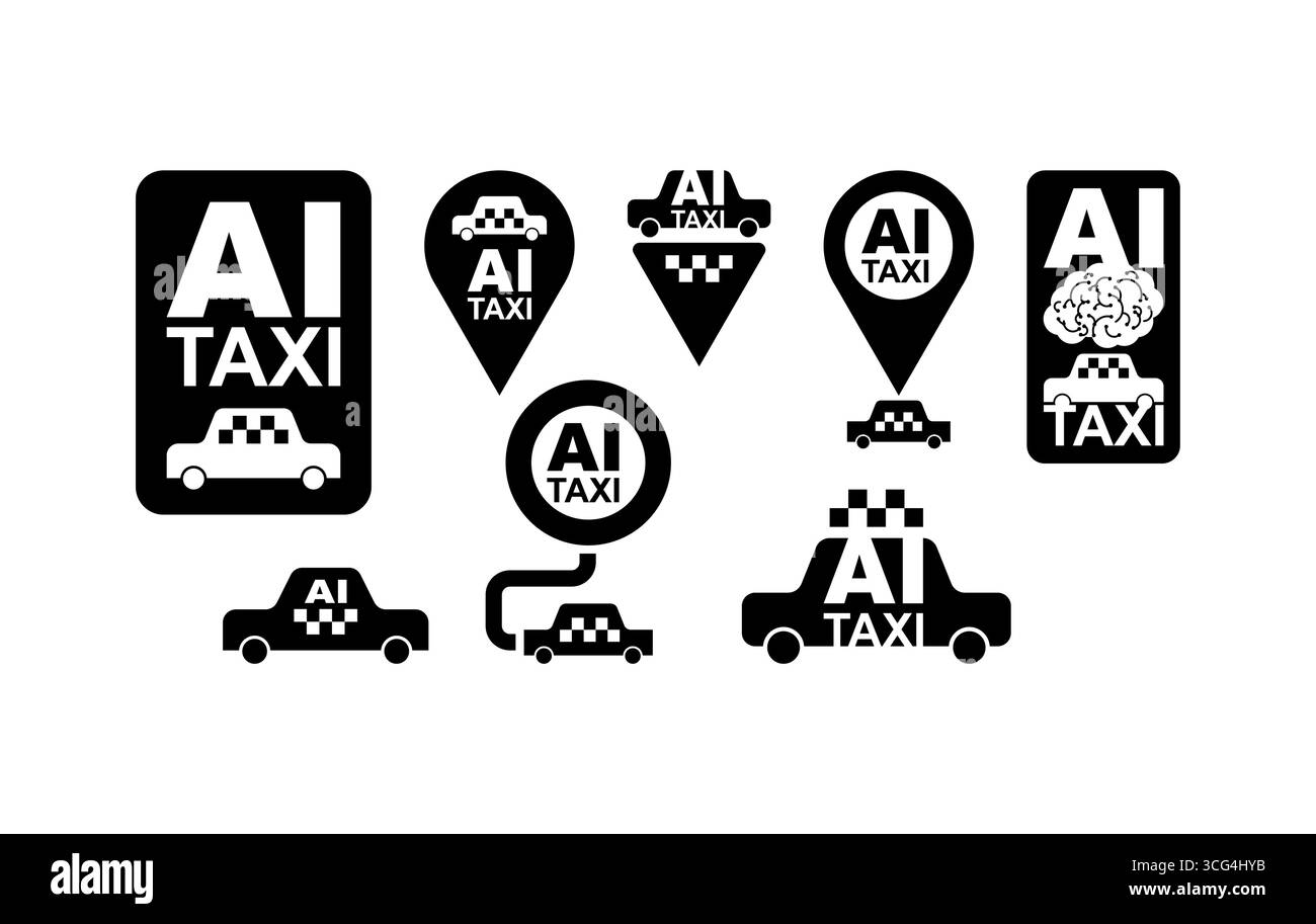Raccolta di icone nere dei taxi ai per il branding, il trasporto intelligente e i concetti di veicoli autonomi. Illustrazione Vettoriale