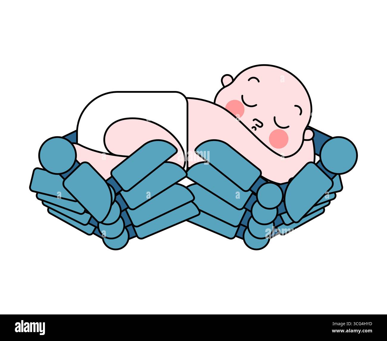 Mani robot che tengono in braccio un bambino, simboleggiano l'intelligenza artificiale che si prende cura dell'umanità. Concetto di tecnologia, compassione e futuro delle relazioni uomo-robot. Illustrazione Vettoriale