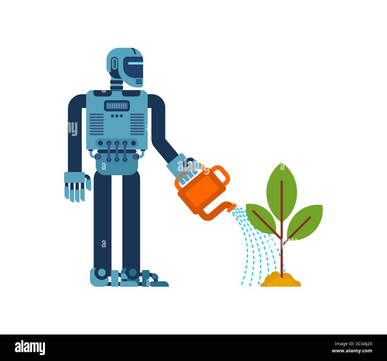 Giardiniere robot che innaffiano una piccola pianta. Concetto futuristico di agricoltura e tecnologia, simbolo dell'innovazione ecocompatibile e dell'automazione nel giardinaggio. Illustrazione Vettoriale