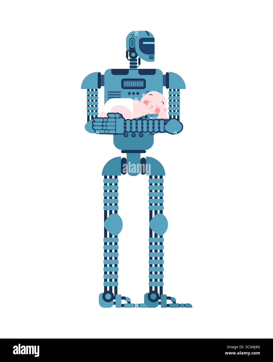 Robot che regge dolcemente un bambino, simboleggia l'intelligenza artificiale che si prende cura dell'umanità, della tecnologia del futuro e della connessione emotiva. Illustrazione Vettoriale