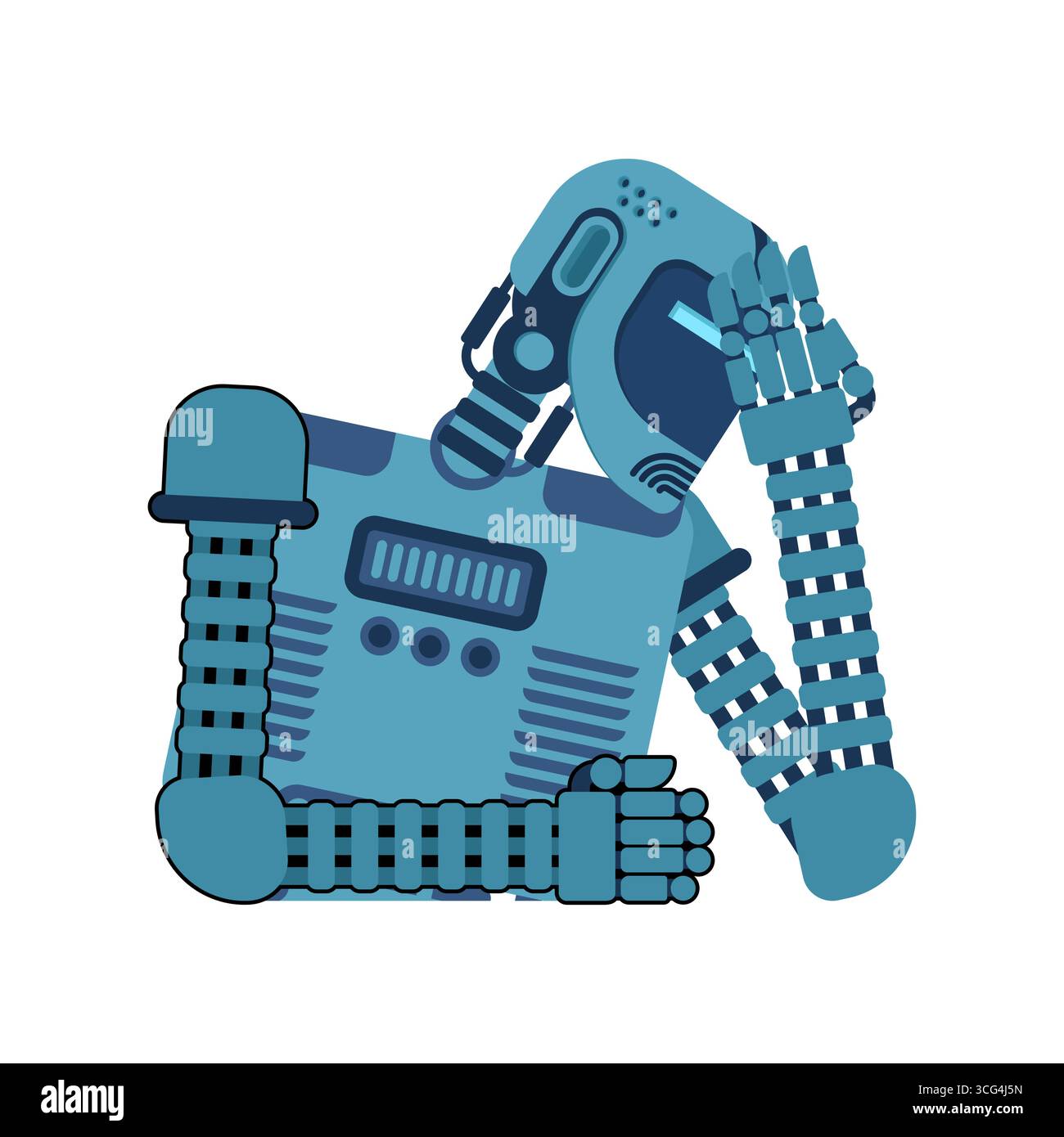 Robot seduto in una posa ponderata, simboleggia l'intelligenza artificiale, il processo decisionale, l'apprendimento automatico e la tecnologia futuristica. Illustrazione Vettoriale