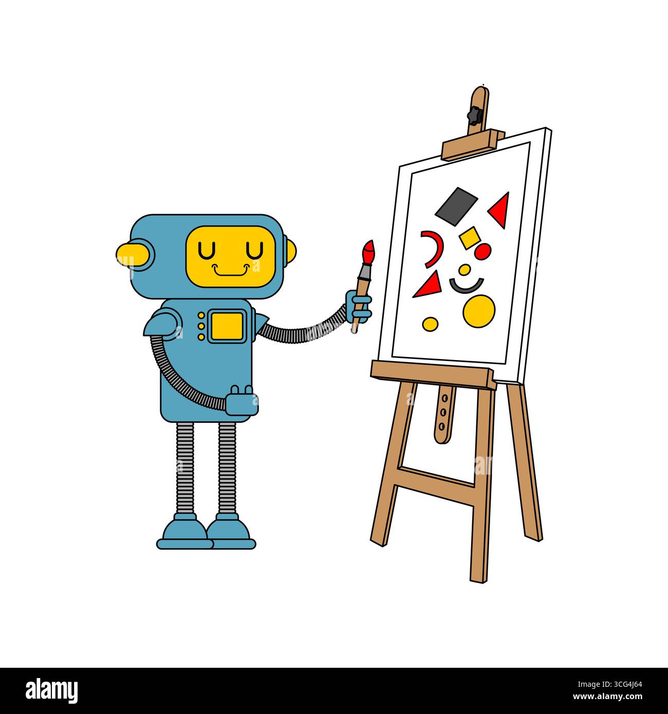 pittura robot su tela. Illustrazione vettoriale della creatività ai, dell’educazione artistica dei bambini con intelligenza artificiale, del design futuristico e degli innovati Illustrazione Vettoriale