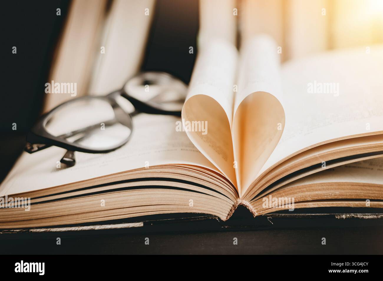 Libro aperto con pagina a forma di cuore. Cuore dalla pagina del libro, san valentino Foto Stock