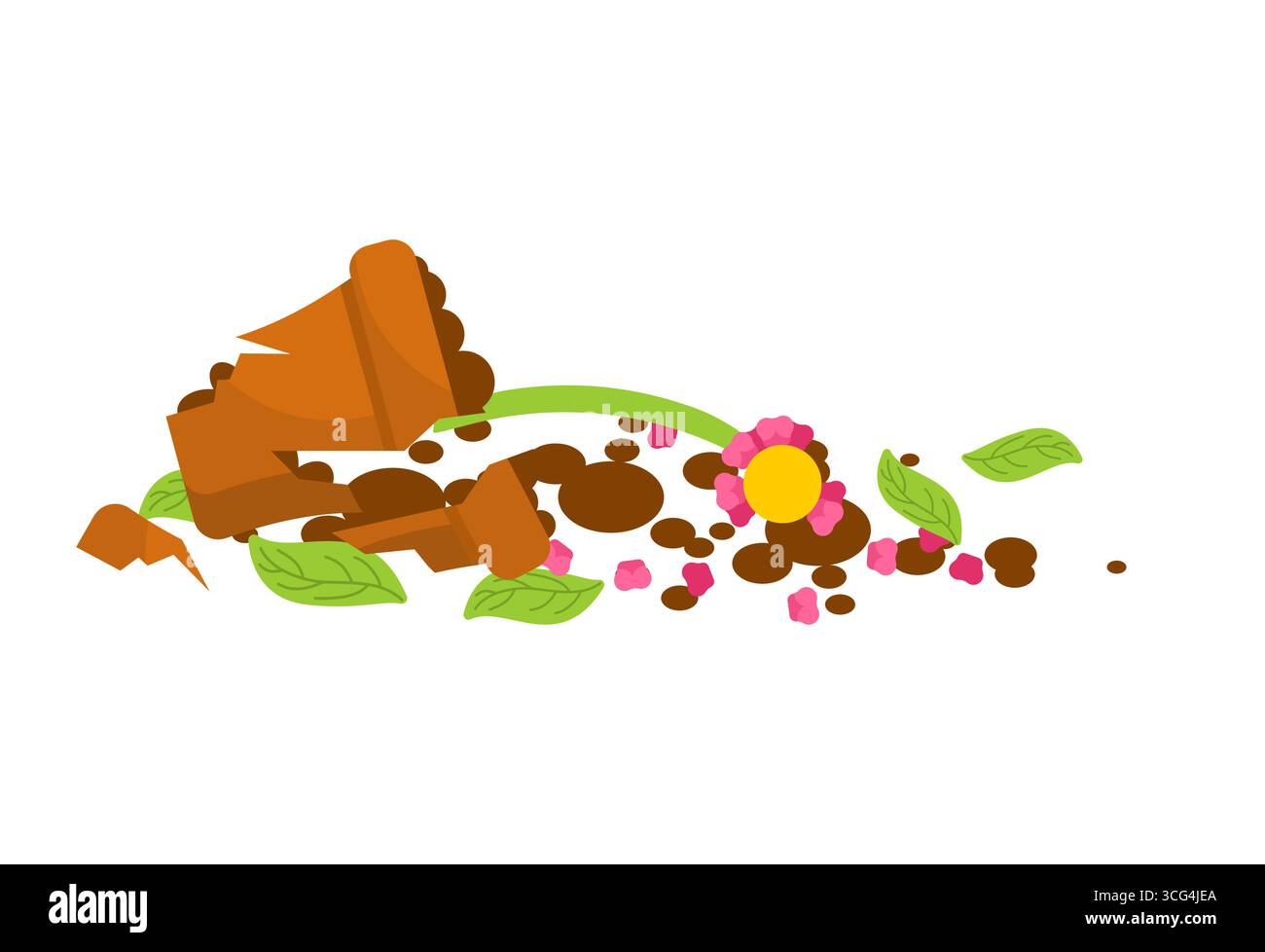Vaso di fiori rotto con terreno e piante sparsi. Illustrazione vettoriale di incidenti domestici, disordine domestico, umorismo nella vita di tutti i giorni, animali giocosi e carel Illustrazione Vettoriale
