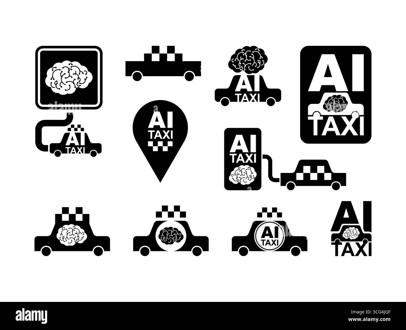 Set di icone di taxi ai in diversi stili che rappresentano auto autonome, mobilità intelligente e sistemi di trasporto futuristici. Illustrazione Vettoriale