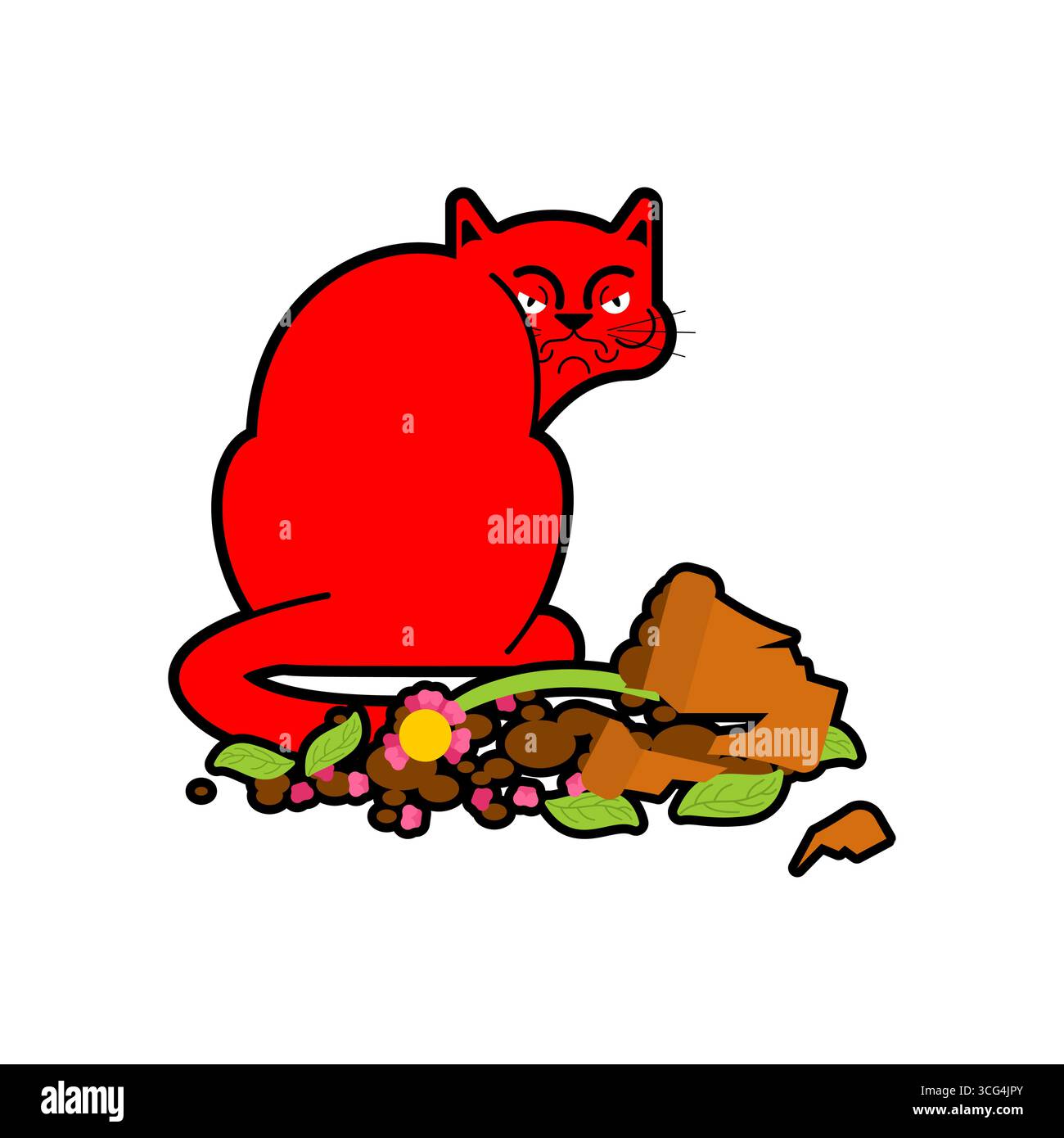 gatto seduto accanto a un vaso di fiori rotto. Concetto di animali domestici cattivi che causano problemi a casa. Illustrazione Vettoriale