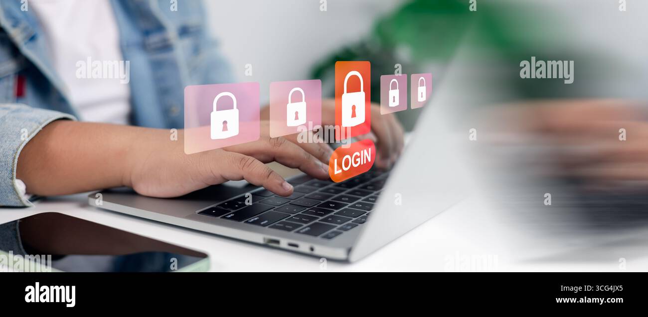 Persona che accede al laptop con icone di lucchetto digitali e pulsante di accesso sicuro. Concetto di sicurezza informatica, autenticazione a due fattori, protezione dei dati, p Foto Stock