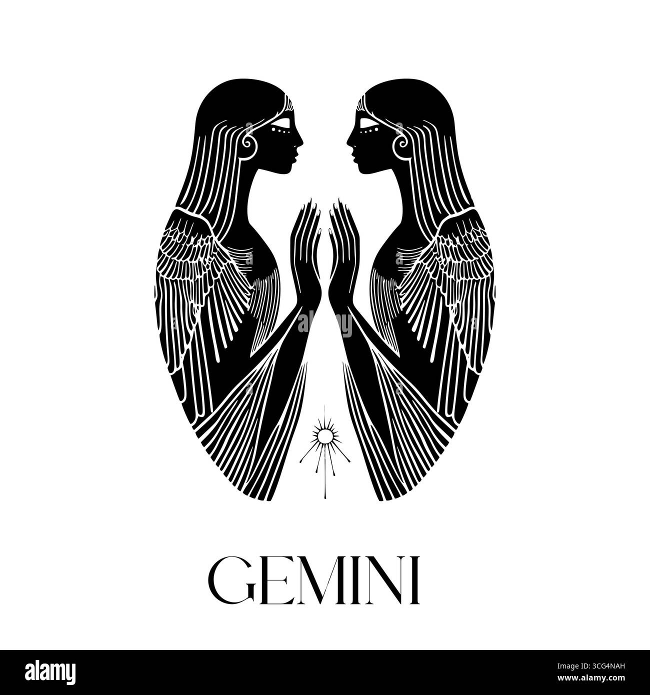 Simbolo dello zodiaco Gemini con intricate figure gemelle che si specchiano l'una con l'altra in un design bianco e nero Illustrazione Vettoriale
