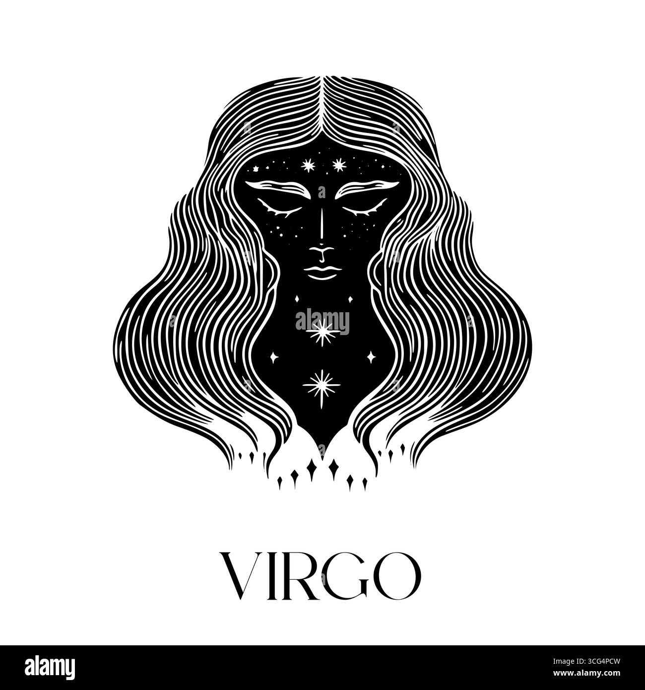 Elegante segno zodiacale virgo con elementi celesti e design fluente dei capelli Illustrazione Vettoriale