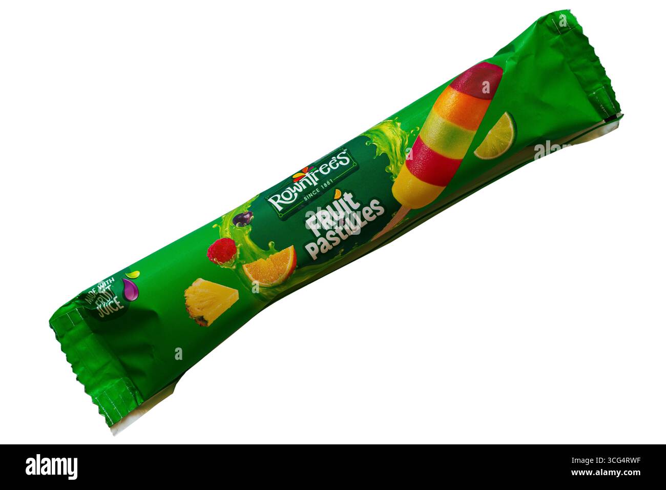 Pasta di frutta di Rowntrees, ghiacciata con succo di frutta isolato su sfondo bianco Foto Stock Pasta di frutta di Rowntrees, ghiacciata con succo di frutta isolato su sfondo bianco Foto Stock