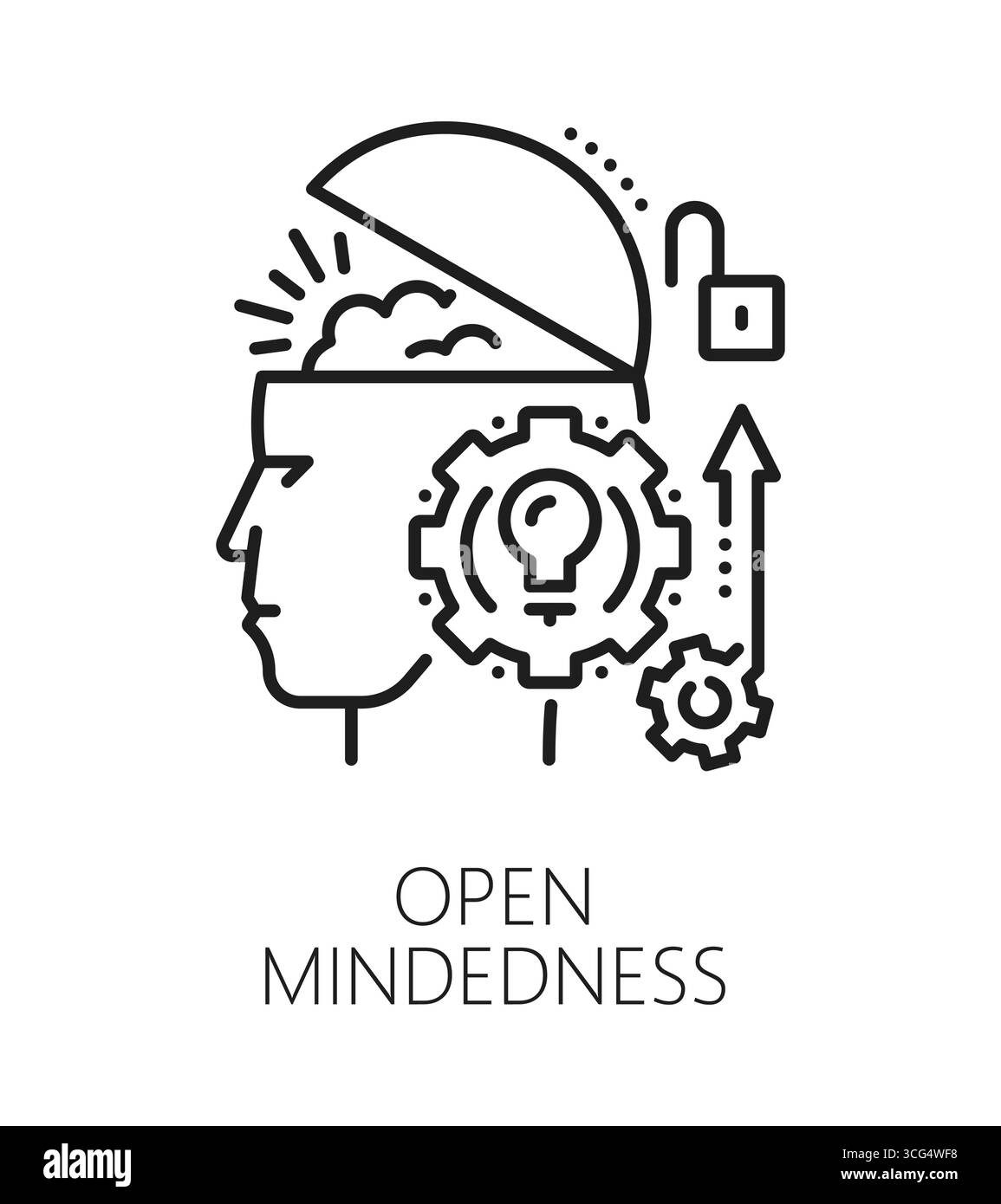 Apri icona o segno sulla linea delle abilità di vita di mindedness. Simbolo del potenziale vettore delle persone, segno di qualità personale. Personalità capacità di mente aperta o pittogramma di abilità di vita con testa, cervello e ruota dentata umani Illustrazione Vettoriale